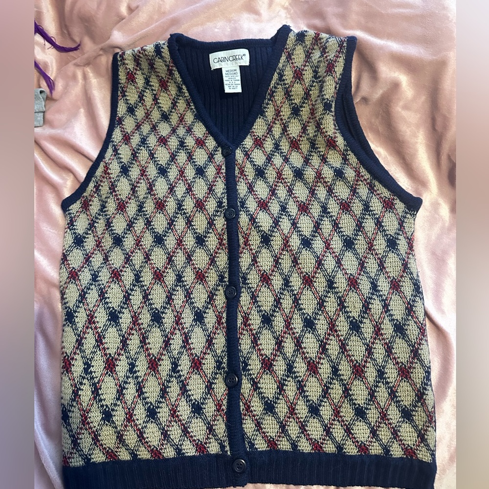 Vintage sweater vest size m‎ diamond plaid button up